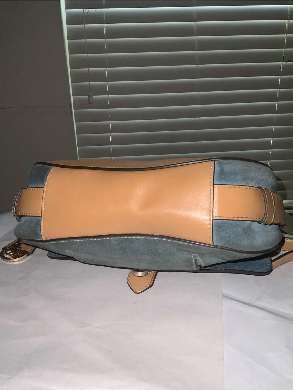 Michael Kors Blue Suede Crossbody Satchel with Tan Leather Trim